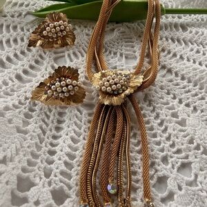 Gold-Tone Pearl Leaf Statement Necklace and Earring Set